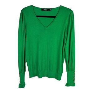 Lauren Ralph Lauren Black Label Sz M Sweater Emerald V Green Neck Ruffle Cuff